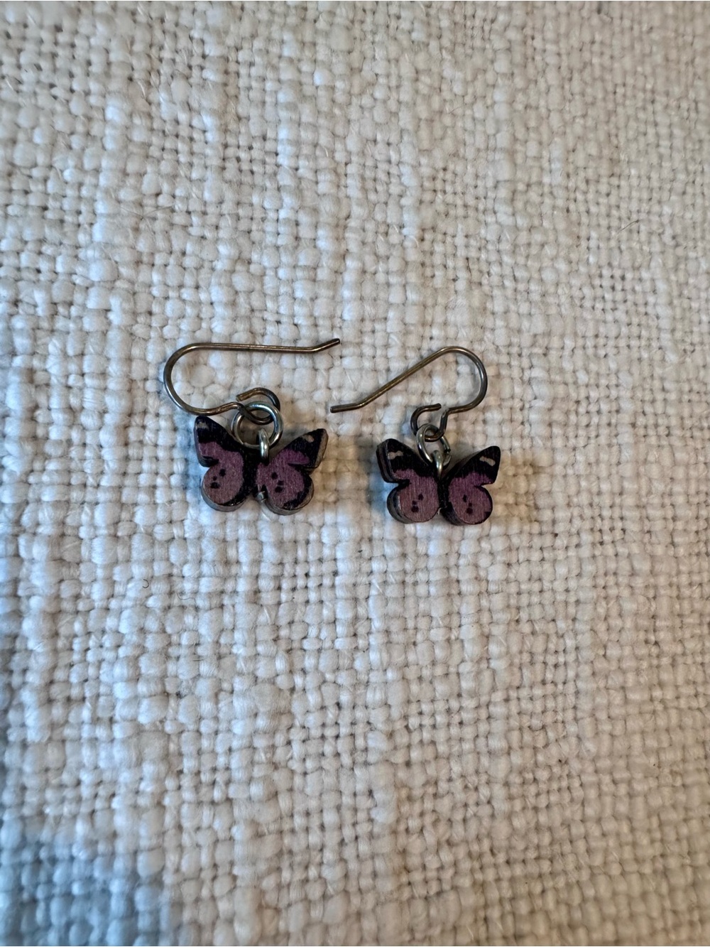 Butterfly Wooden Charm Drop Earrings in Purple and Black
